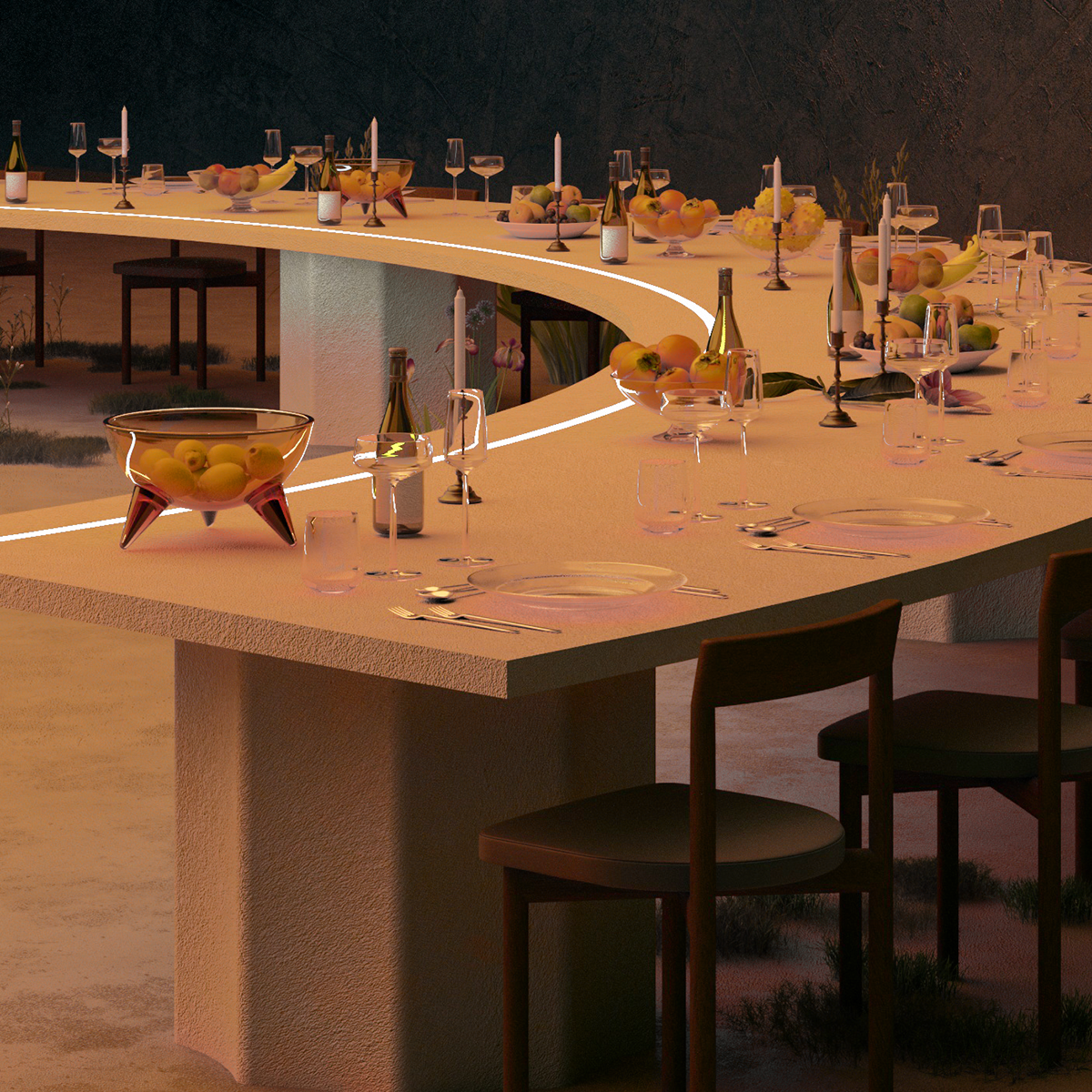 Table de banquet sur mesure aux courbes minérales, projet SUMPOSION